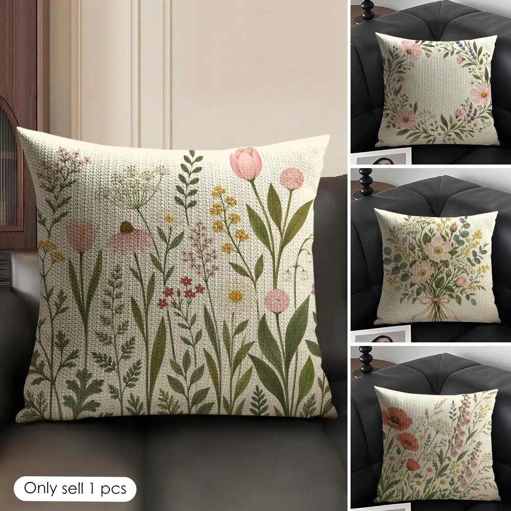 Pink Mixed Wildflower Cutout Cushion Cover Skin-Friendly Organic Linen Pillow Cover Durable Hypoallergenic Washable Soft