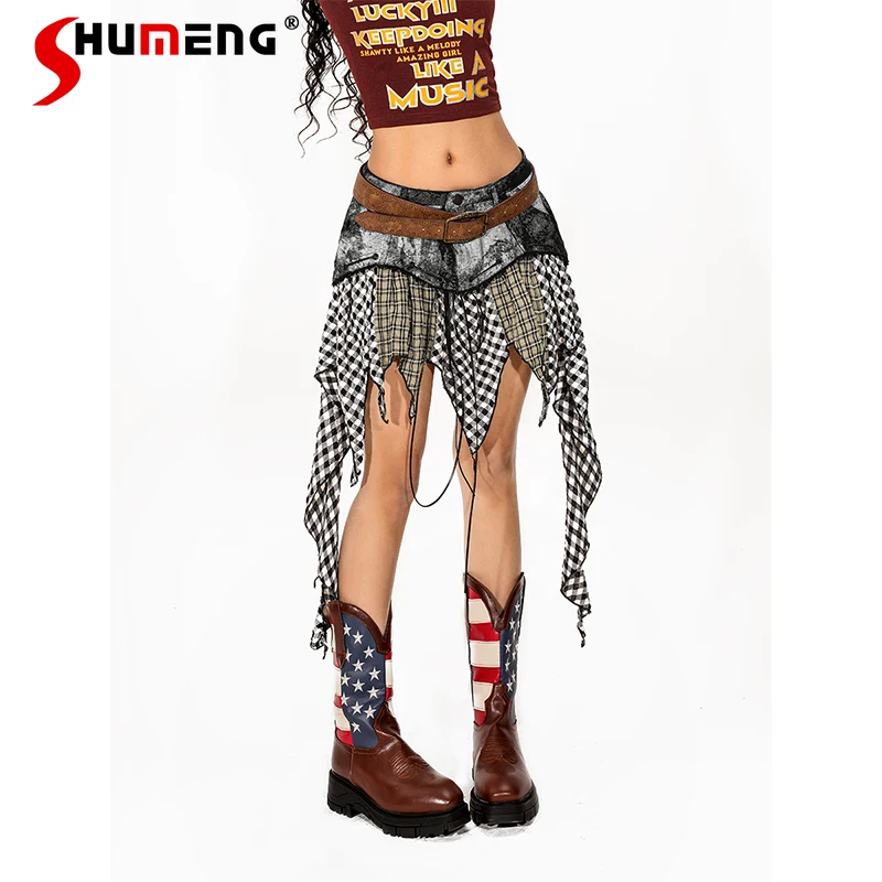 

2025 summer Vintage Plaid Splicing Irregular Skirt Ladies Vintage Hot Girls Y2k Denim Skirt American Retro Style Women's Clothes