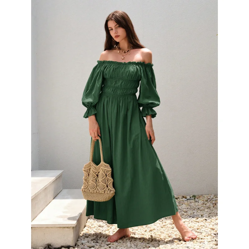 

Vintage Artistic Off-Shoulder Bust-Wrapped Lantern Sleeve Long Sleeve Flared Long Dress