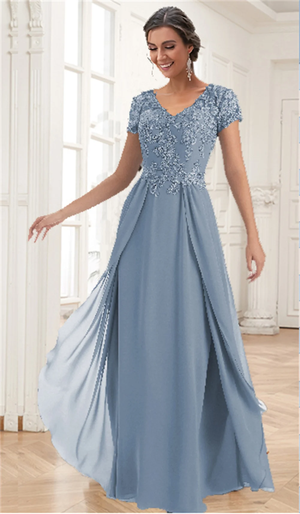 

Short Sleeves Lace Appliques Mother Of The Bride Dresses For Wedding Chiffon A-Line Long Formal Dresses V Neck Evening Dresses