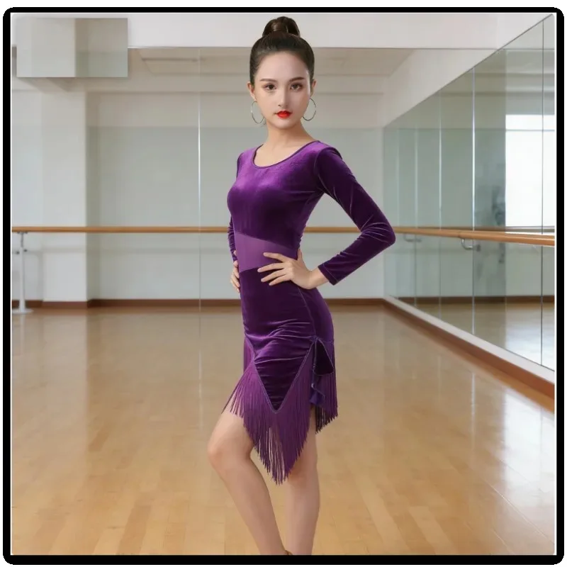 

Women Latin Dance Dress Velvet Fringe Korean Mesh Performance New
