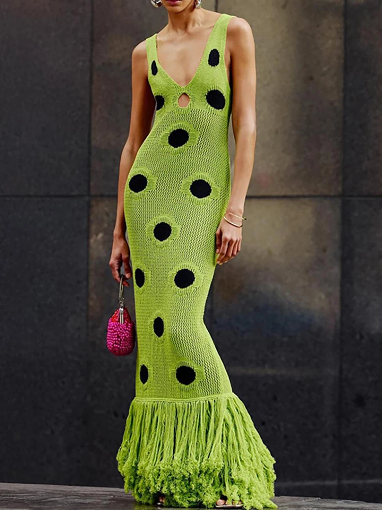 Sexy V-hals Cut-out Holle Lange Jurk Casual Mouwloze Kwastje Splicing Vrouwen Jurk Mode Polka Dot Gedrukt Slanke Feestjurk