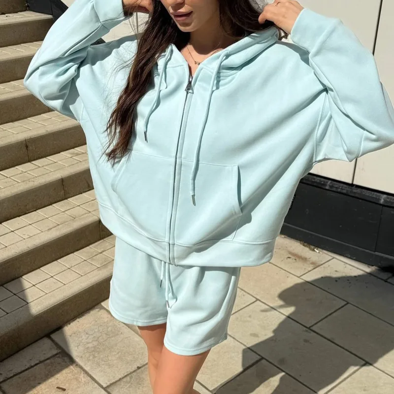 

Hoodie With Large Pocket Sweatshirt Shorts Two-Piece Casual Set Women Fashion Multi Style Minimalist Solid Color Sportswear Set