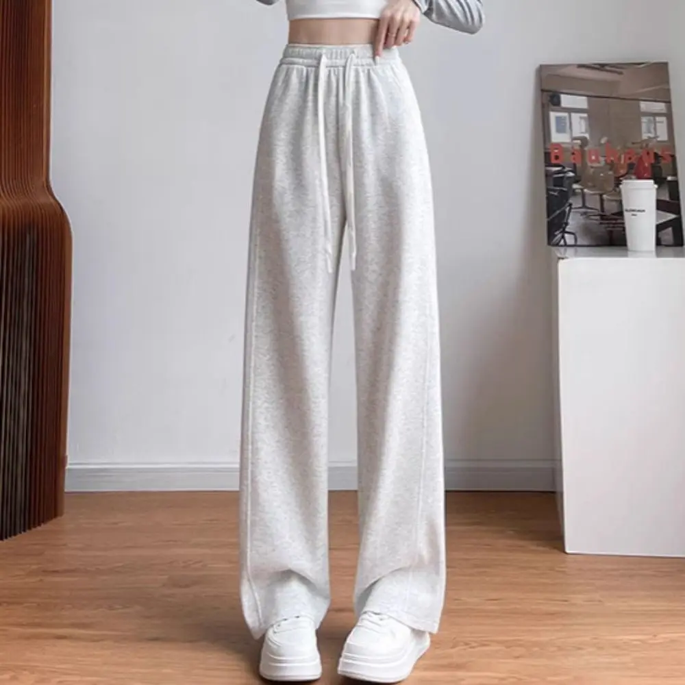 

Comfortable High Waist Straight Pants Solid Color Simple Loose Sports Pants Trousers Drawstring Wide Leg Pants Spring
