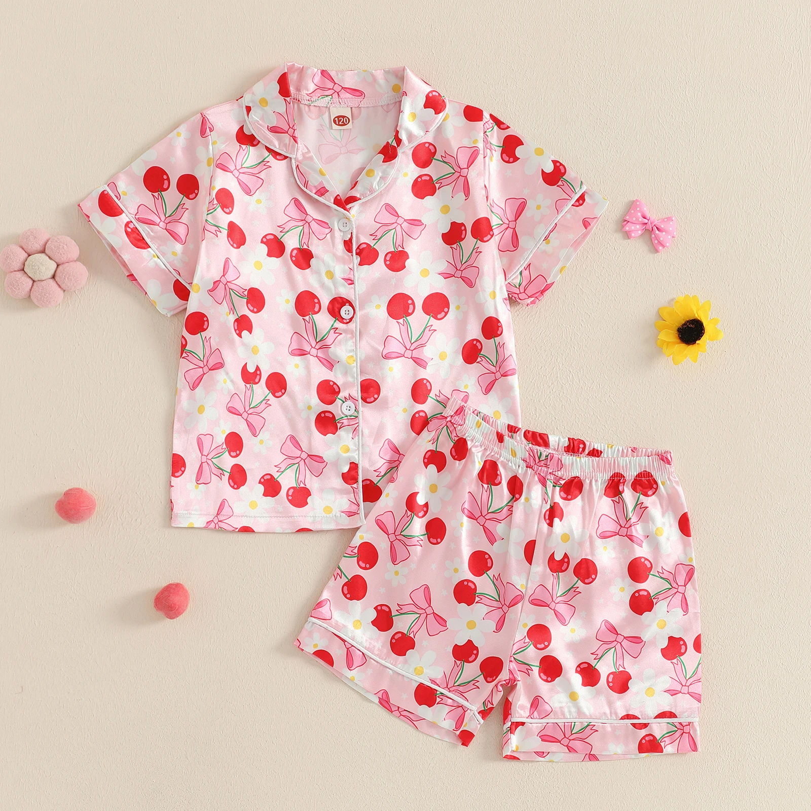 Little Girl Summer Pajama Set, Bow Berry Print Short Sleeve Button-up Tops Elastic Waist Shorts 2 Pcs Sleepwear Outfit