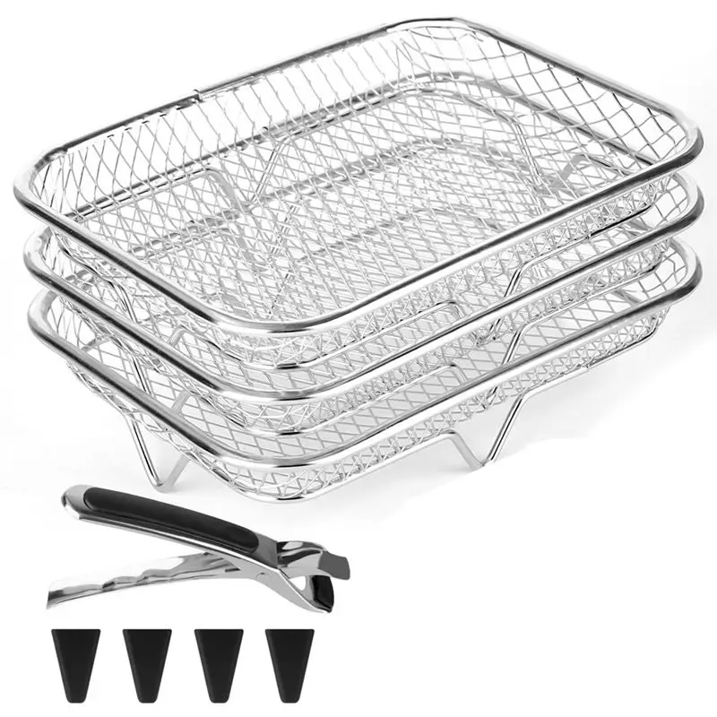 ABZA-Stackable Rectangular Air Fryer Shelves, 304 Stainless Steel, 3 Tiers For Enhanced Air-Frying
