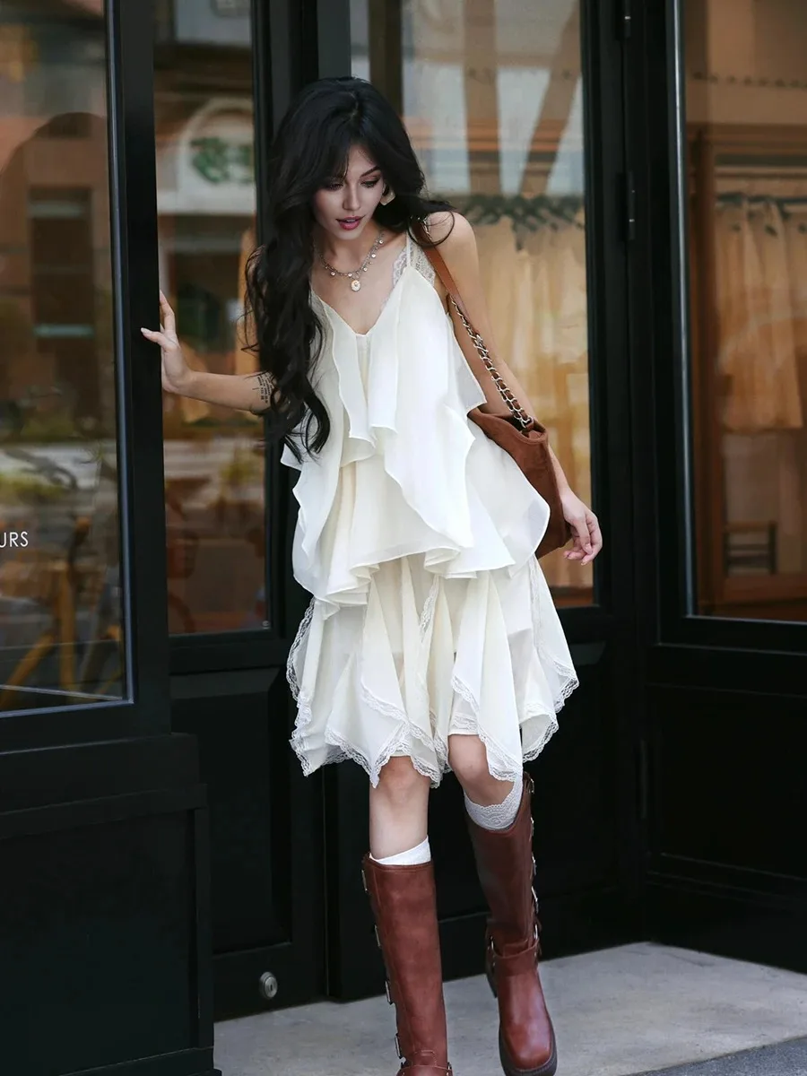 ReddaChic Fairy Women's Chiffon Top Skirt Set Summer Solid Irregular Ruffle Flowy Camisole Elastic Waist Mini Skirt Daily Wear