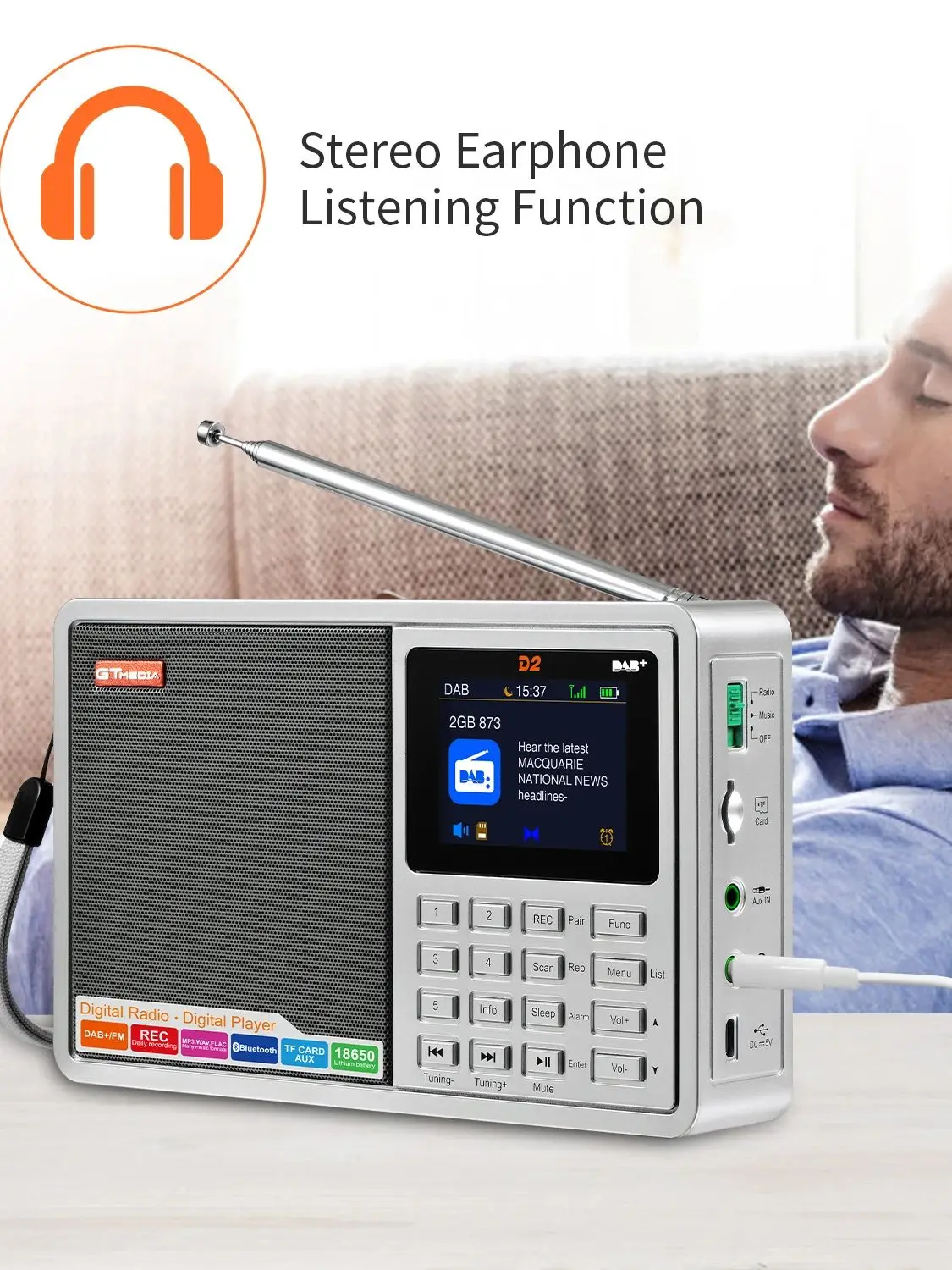 Radio GTmedia D2 DAB+/FM - Écran TFT 2,4, Bluetooth, carte TF, enregistrement, lecteur audio multifonctionnel