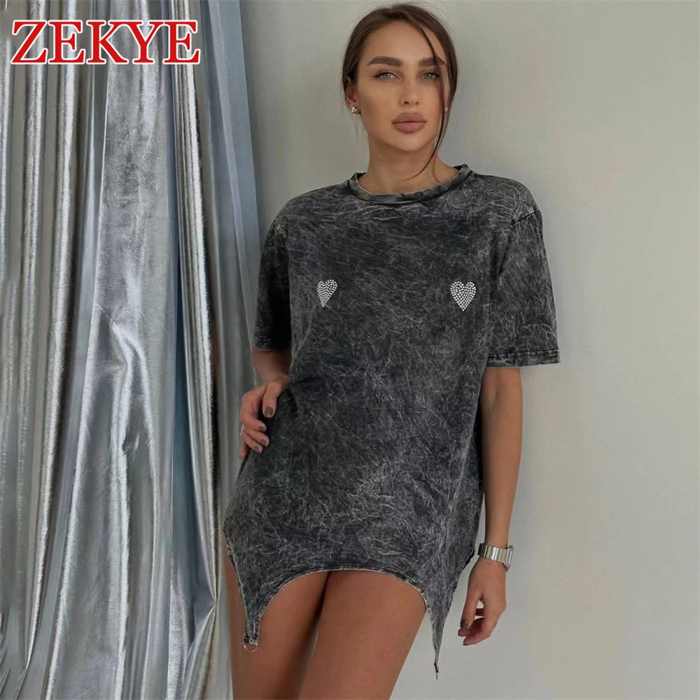 Zekye Black Streetwear Rhinestone Long T Shirt Femme Rhinestone 90S Aesthetic One Size Cut Out Summer Casual Top Chic Korean