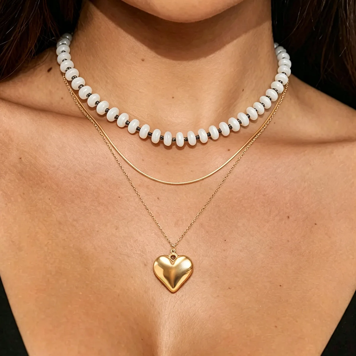 Warm Orange Pumpkin Bead Choker Golden Puffy Heart Pendant Multi Strand Layered Collar Sweety Aesthetic Romantic Neck Jewelry