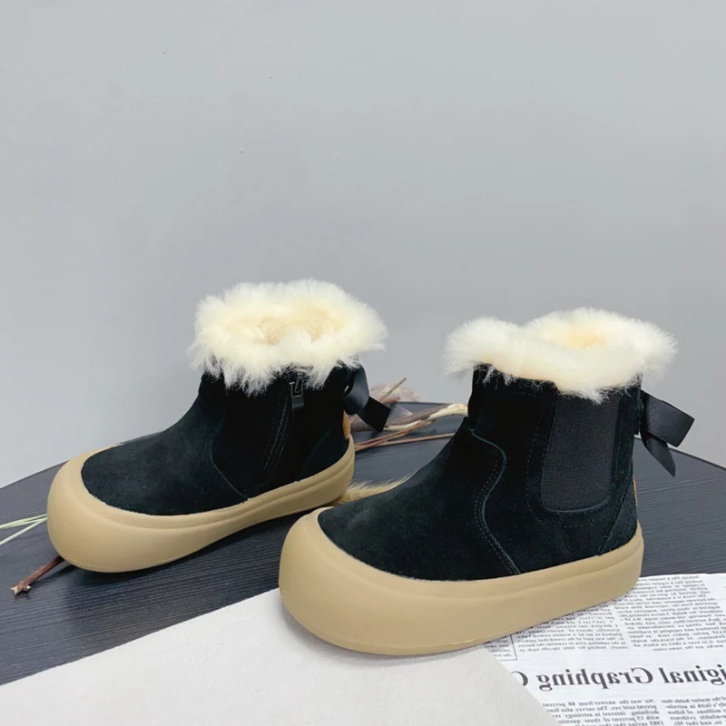 2024 Genuine Leather Girls Snow Boots With Fur Plush,Solid Suede Bowtie-knot Winter Shoes For Children Girls,Baby Warm Boots