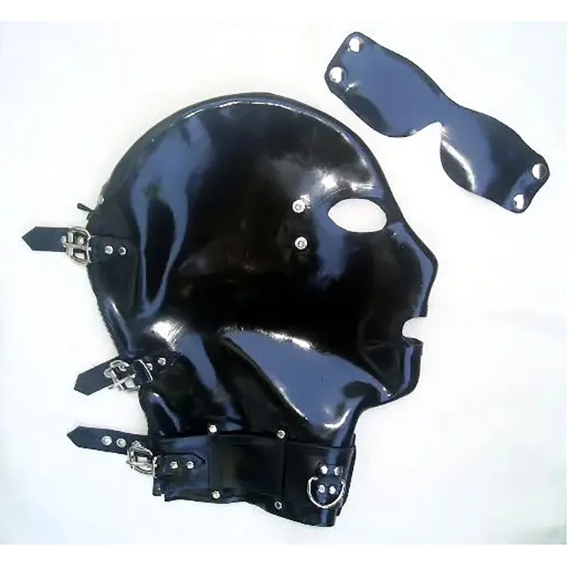 Latex  Mask Bondage Dood Cover by Snap and Neck Band Hats back zipper strings extra thickness mouth plug Gags Head Belt