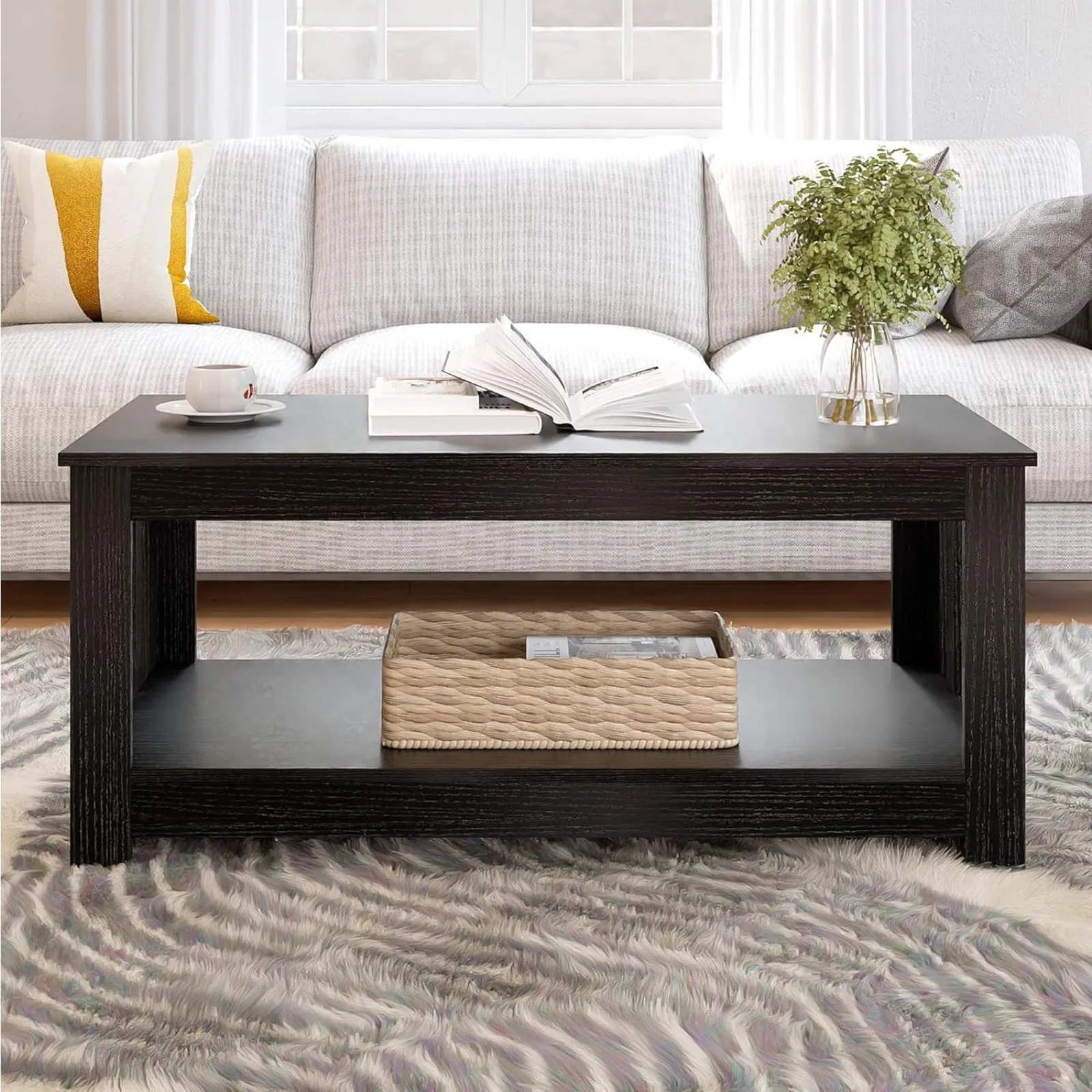 US Wooden One Style Fits All Coffee Table - Black Coffee Table, 2-Tier Rectangular Table Living Room, Scratch/Water Resistant