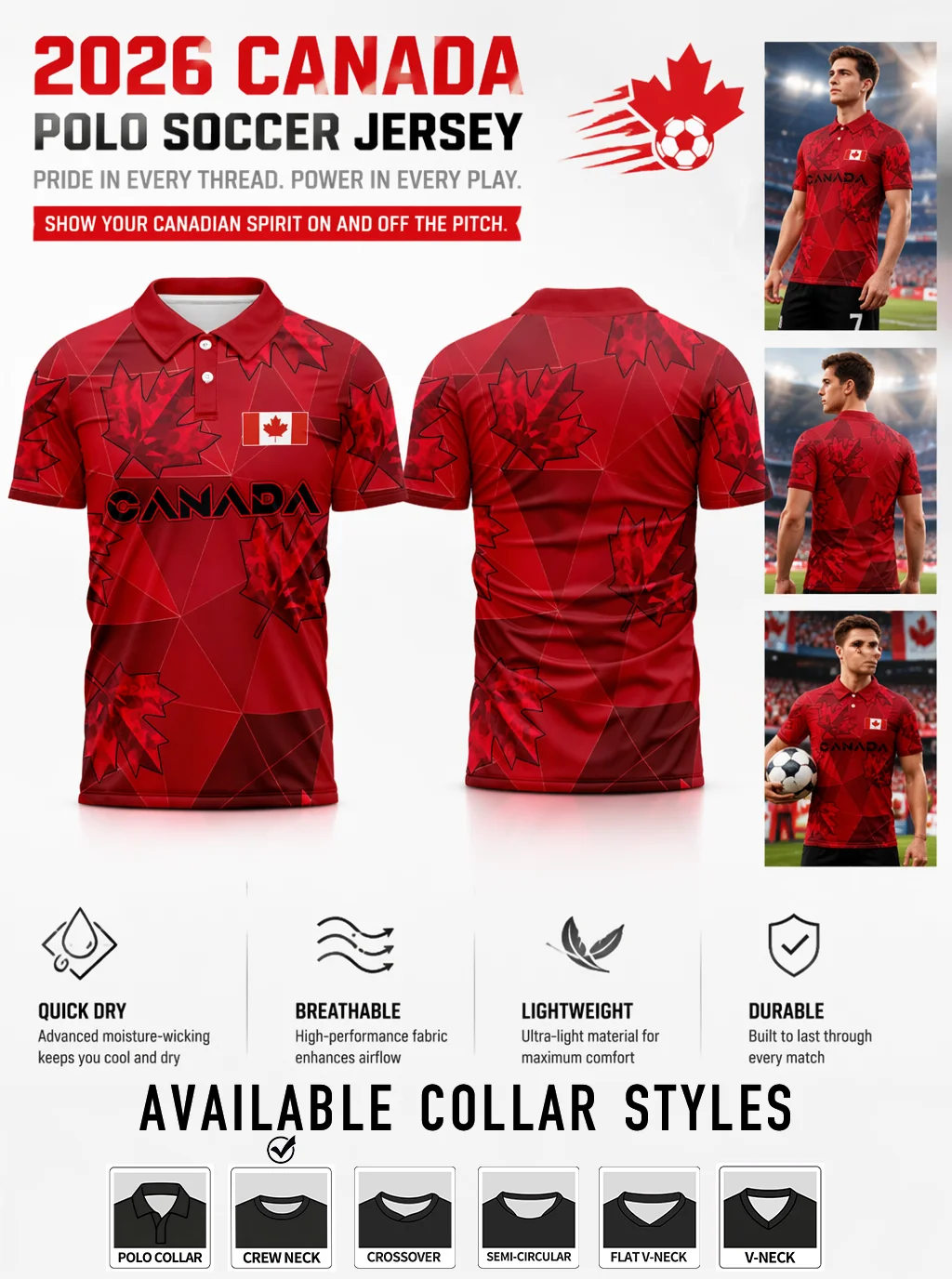 2026 Canadian Football Polo jersey, geometric red background, full maple leaf pattern, breathable quick drying sports fabric