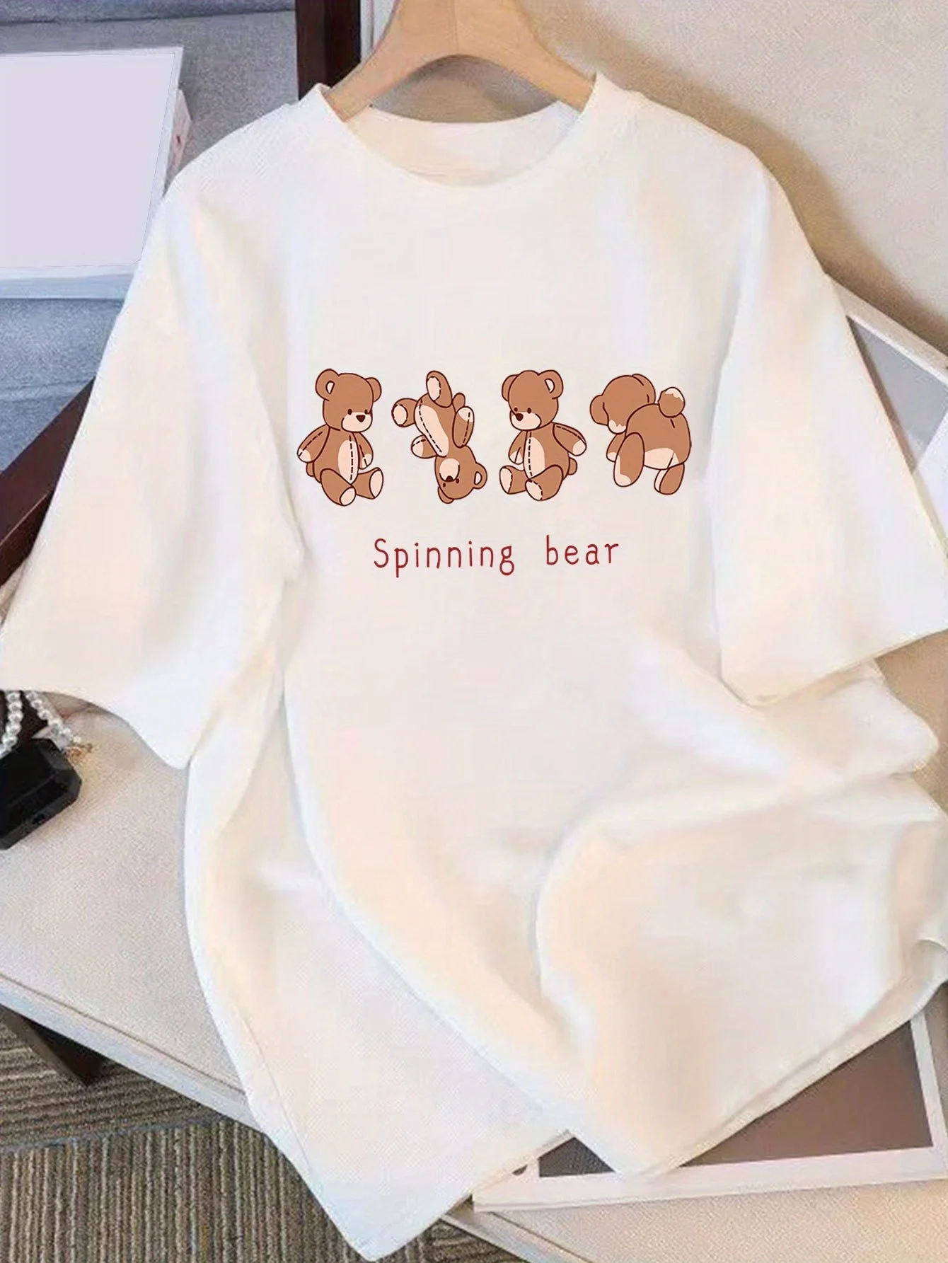 Trendy Summer Versatile Short Sleeved Brown Bear Print Casual Niche Cute Short Sleeved T-shirt Personalized Short Sleeved