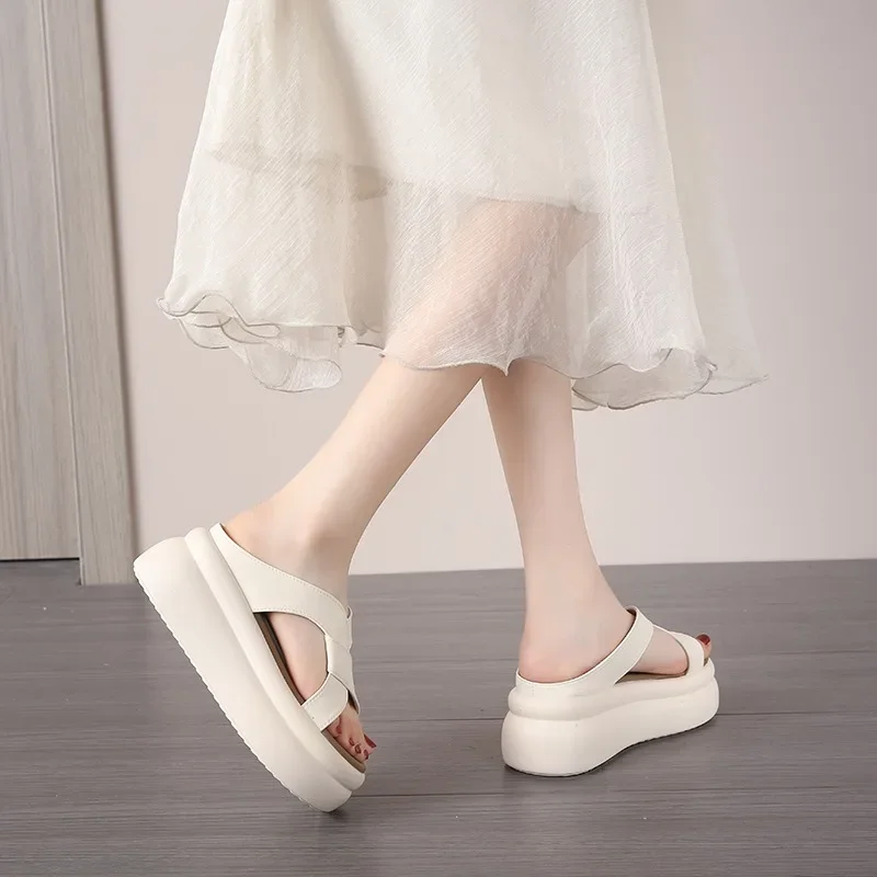 7.5CM Heels Summer Platform Sandals Breathable Leather Beach Slippers Women Walking Chunky Sandalias Casual Peep Toe Footwear