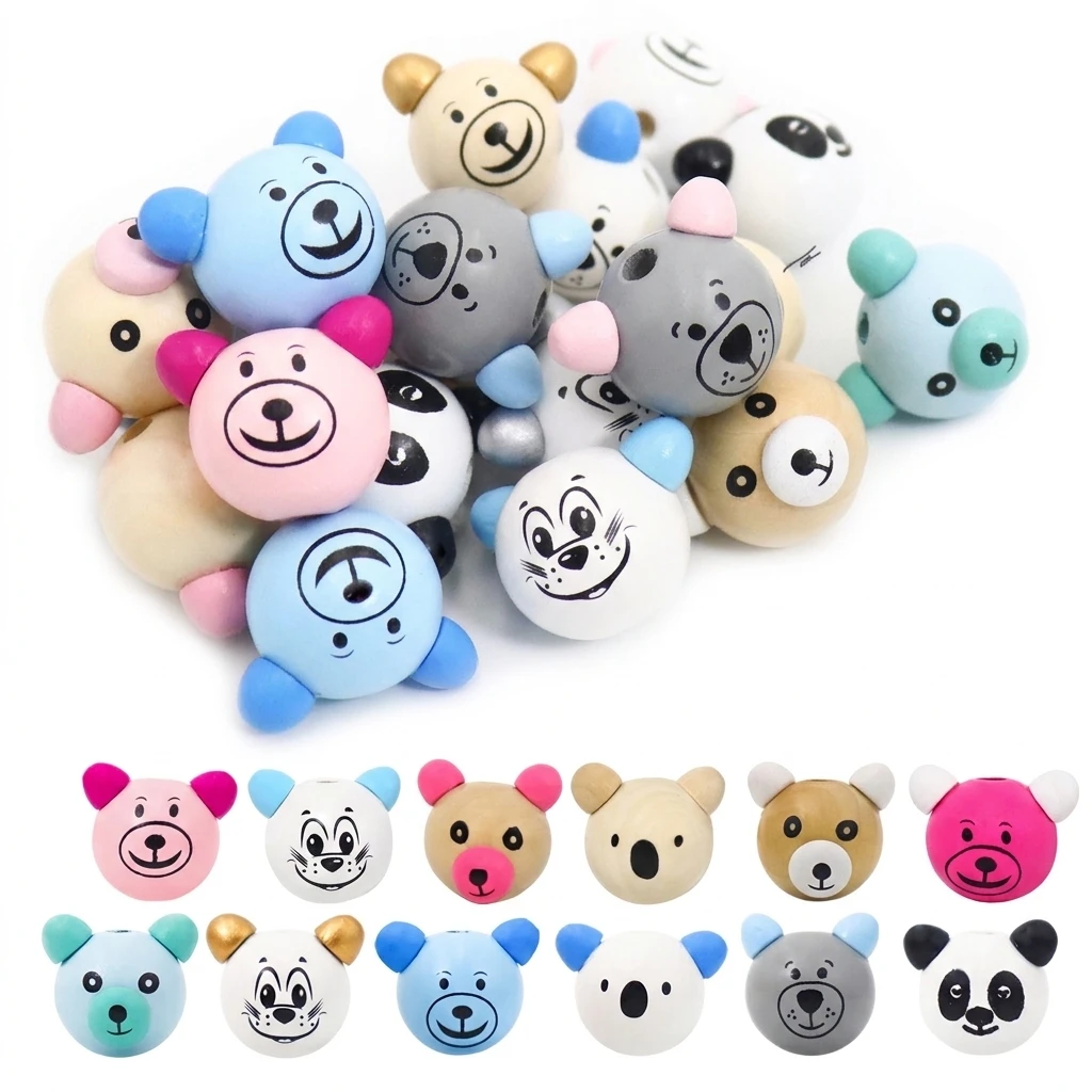 36Pcs Cartoon Bear Head Beads Smooth for DIY Jewelry Making Wooden cute Beads for Kids Bracelet Necklace Craft Supplies