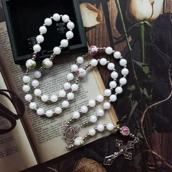 QIGO Christ Jesus Cross Rosary White Ceramic Acrylic Beads Strand Necklace For Men Women Pendant Religious Jewelry