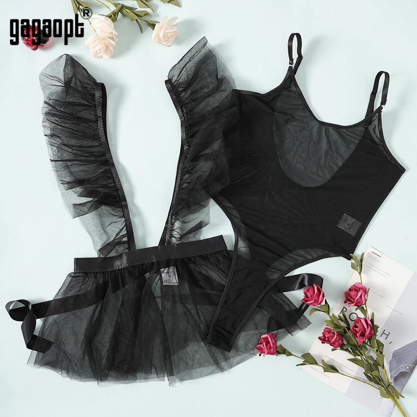 Gagaopt Backless Transparent Mesh Bodysuit Women Ruffle Bow Sexy Skinny Bodysuit Body Femme lingerie Set