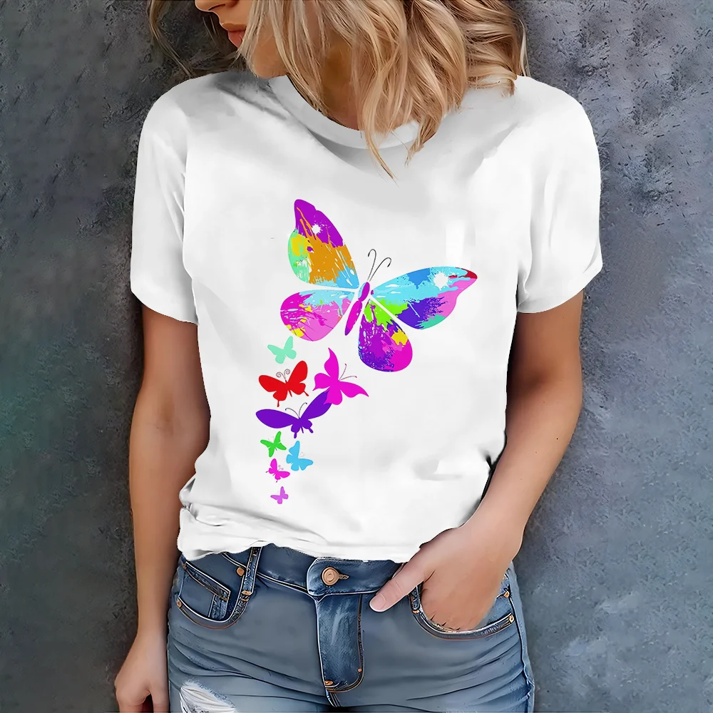 

Summer colorful dreamy style pure white splash butterfly print women's daily versatile short sleeved T-shirt