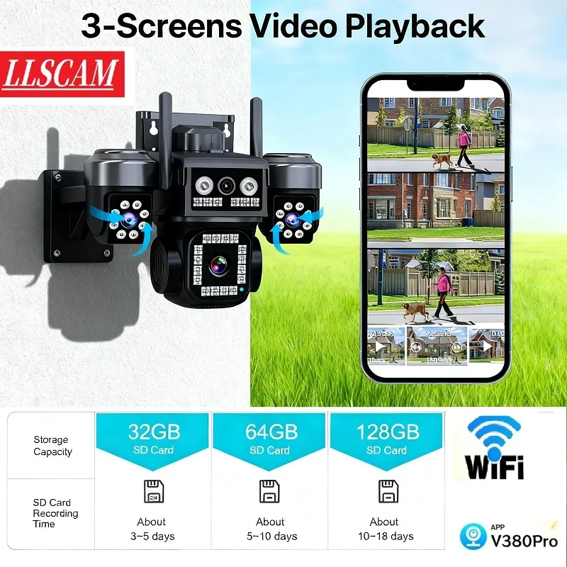12MP WIFI IP 카메라 야외 무선 카메라 듀얼 렌즈 듀얼 스크린 자동 추적 보안 보호 CCTV 감시 V380Pro
