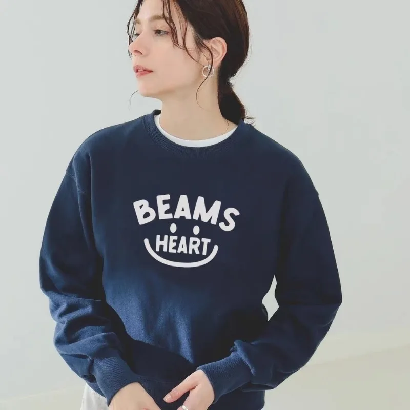 BEAMS Japanese Style Autumn New Smiley Face Letter Print Sweatshirt Couple Crewneck Long Sleeve Top Unisex Casual Men