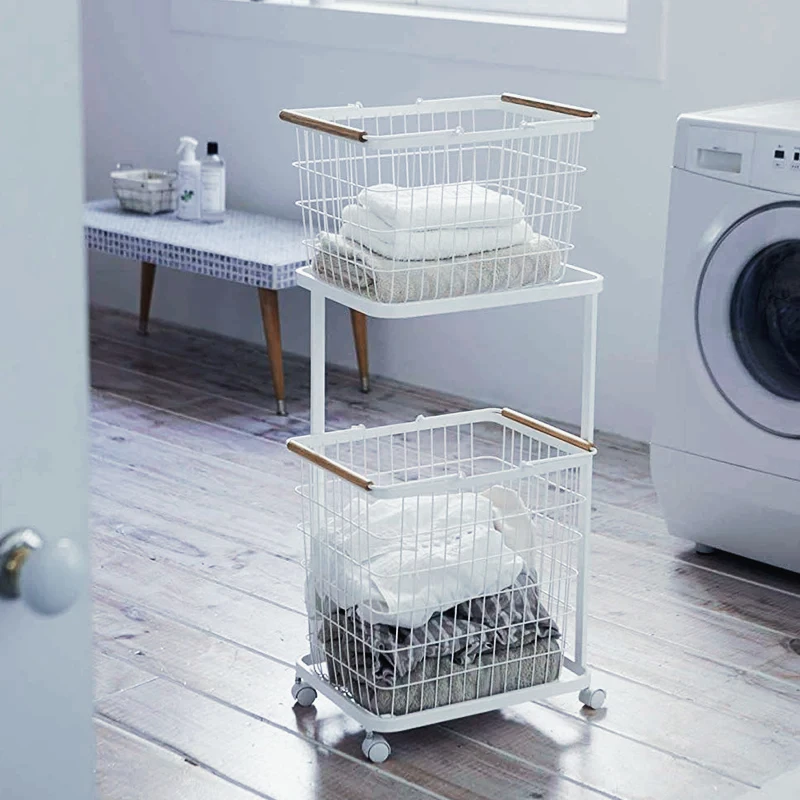 

Double Layer Cloth Storage Rack Baskets Bathroom Floor St Clothing Storage Iron Laundry Storage Basket with Wheel