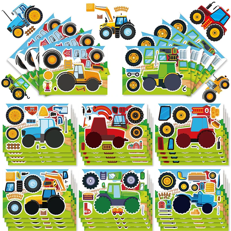 16Sheets Funny Novelty Farm Tractor DIY Stickers Fashion Children Tractor Puzzle Stickers Creative Toys Stickers Birthday Gifts