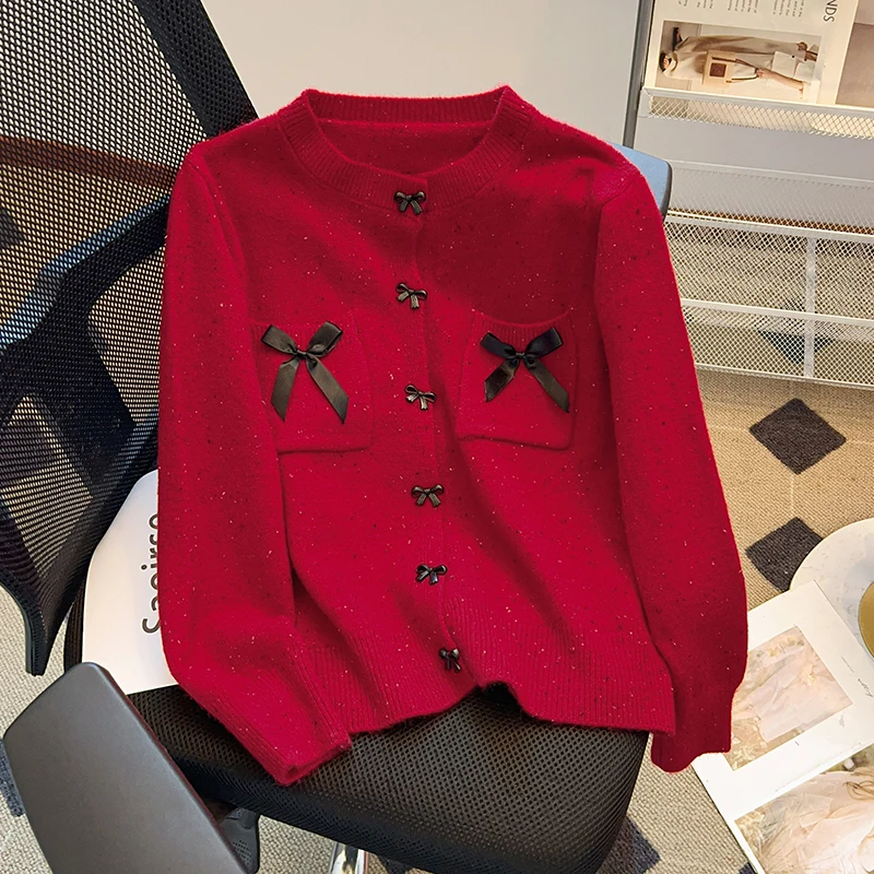 

Preppy Style Cardigan For Women Bow Patchwork Button Knit Short Coats Autumn Winter Sweaters Fashion Sweet Loose 2024 Clothing