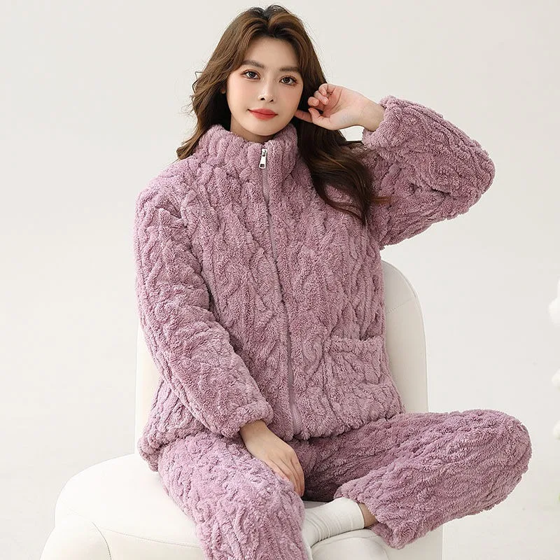 2024 New Women's Winter Loungewear Thicken Coral Fleece Pajamas Three Layer Cotton Sleepwear Famale Flannel Plush Warm Pijama