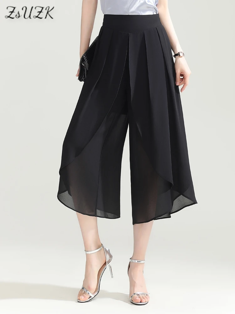 

ZUZK Women Comfortable Capris Chiffon Pants Fashion Elastic Wiast Pants Skirts Summer Elegant Loose Wide Leg Pants Dance Pants