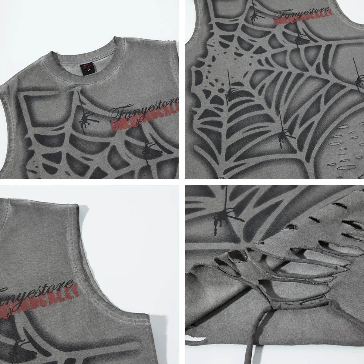 High Street Cotton Washed Spider Web Print Hem Tattered Design Sleeveless Tees Tops Men's Street Summer Casual Camisole Tshirts