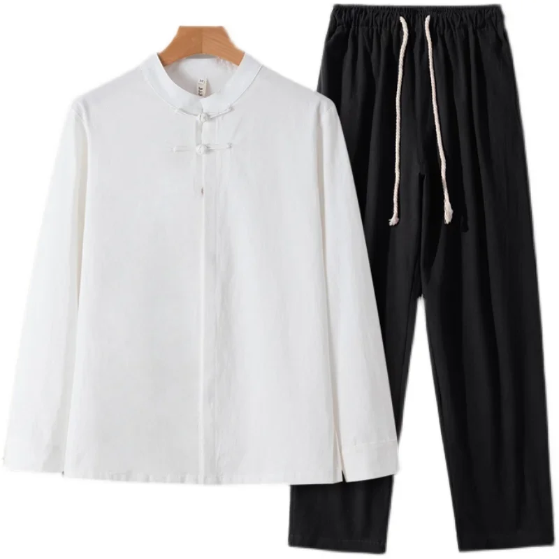 2025 Traditional Chinese Style Men Cotton Linen Shirts+ Pants Hanfu Tang Suit Kung Fu Tai Chi Uniform Oriental Men Clothing Sets