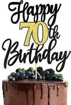 幸せな70歳の75歳の誕生日ケーキの装飾、黒、金、キラキラ、70歳に乾杯、とても良い、1部