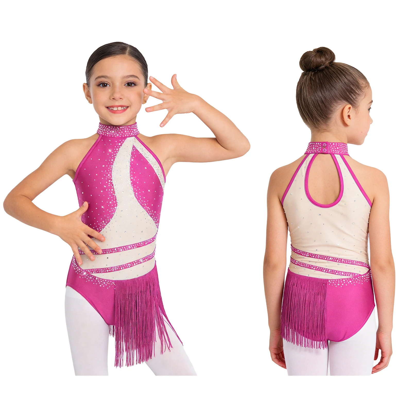 Kids Girls Fringed Latin Dance Leotard Glittery Rhinestones Color Block Tassel Bodysuit for Figure Skating Ballet Gymnastics