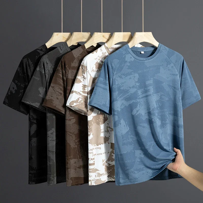 New Summer Men's Short-sleeved T-shirt 2025 Sports Casual Full Print Tide Personalized Ice Silk Mesh Breathable Fitness Running