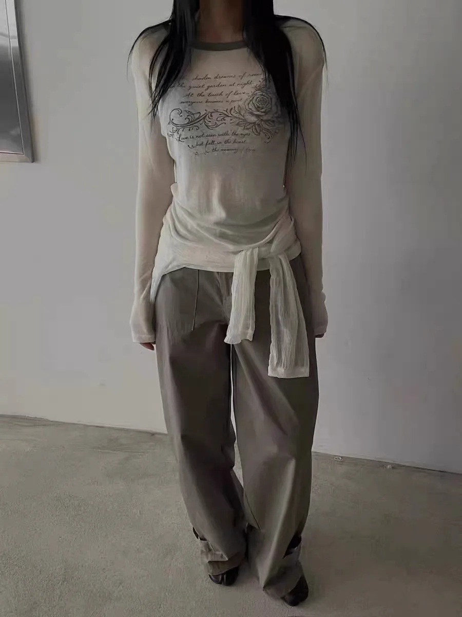 

Весна-Лето 2026: Женская футболка с длинным рукавом, принтом букв и цветов, в корейском стиле, дышащая, влагоотводящая, прямого кроя