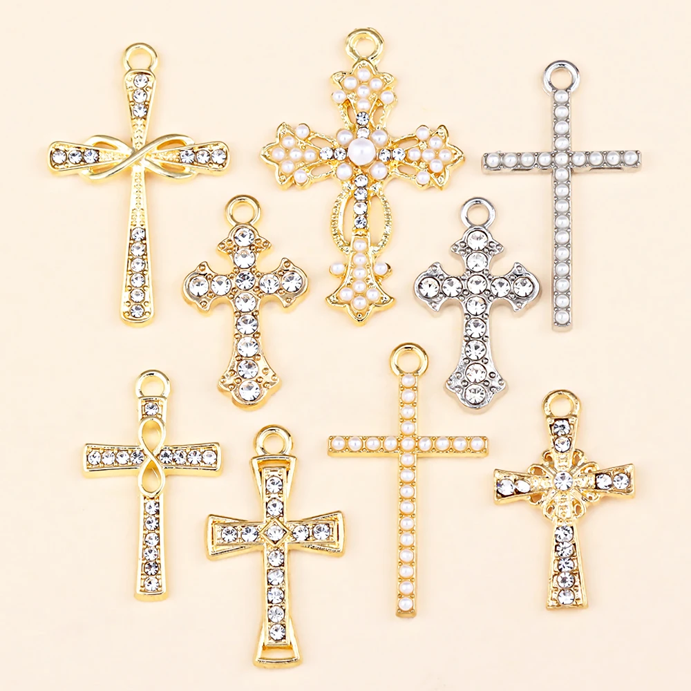 Wykwintna biżuteria Akcesoria Perłowy kryształ Rhinestone Alloy Cross Charms DIY Kolczyki Naszyjnik Chrześcijański krucyfiks Wisiorki Craf