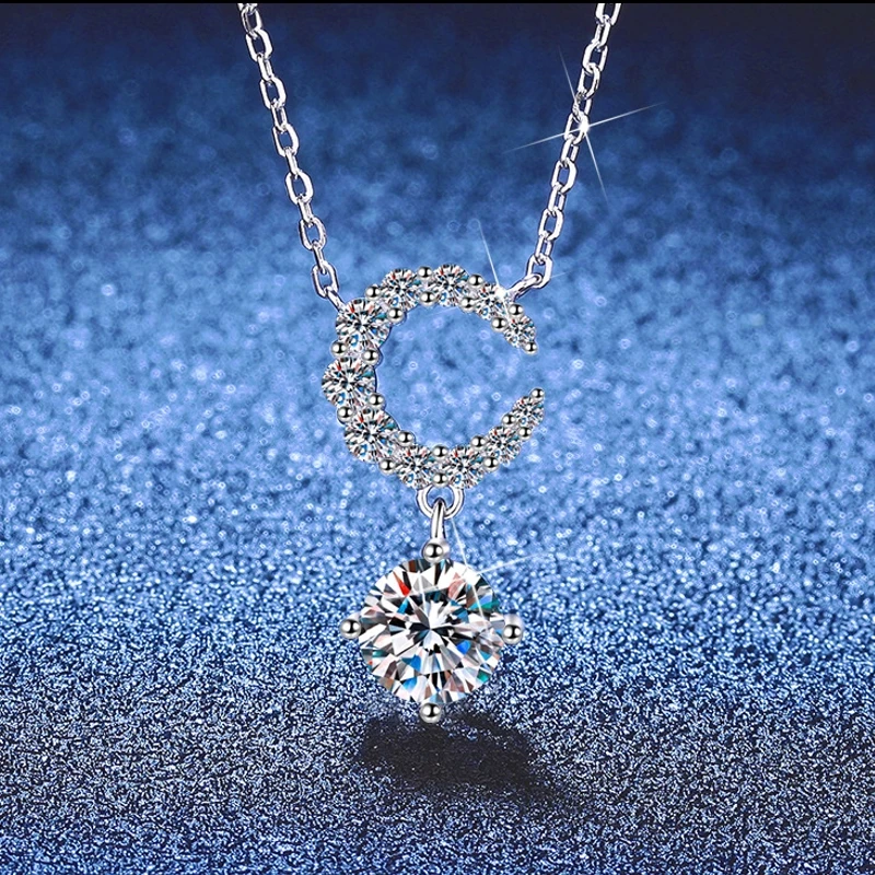 

S925 pure silver moissanite necklace light luxury Korean version moon half bend romantic collarbone chain necklace