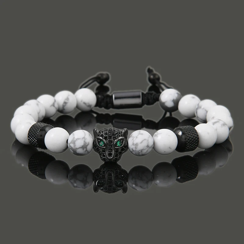 Luxury White Natural Stone Beads Leopard Head Charms Crown Men Bracelets Woman Jewelry Gift