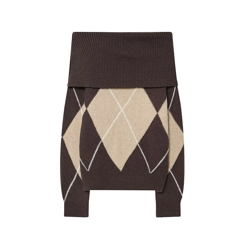 YENKYE خمر Argyle مثير قبالة الكتف متماسكة سترة للنساء كم طويل فضفاض عادية الخريف بلوفر شتوي