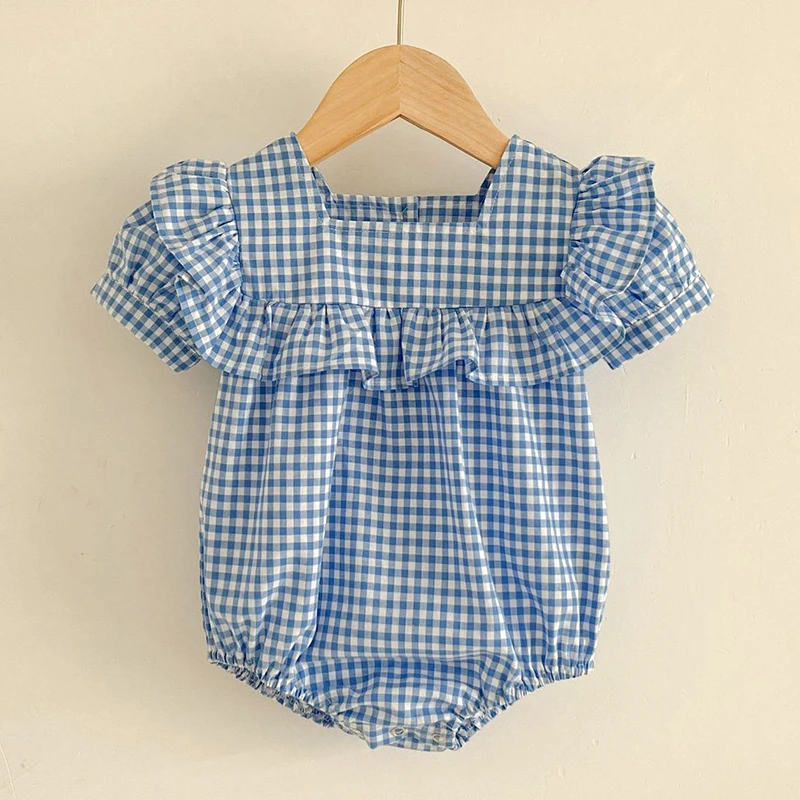 Newborn Toddler Baby Girls Grid Jumpsuit Summer Sweet Baby Girls Short Sleeve Kids Princess Dress Girls Sister Clothes