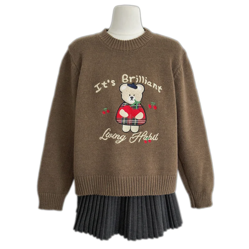 2024 New Autumn Winter Women Loose Pullover Sweater High Quality Sweet Cute Bear Cherry Embroidery Knitted Sweater