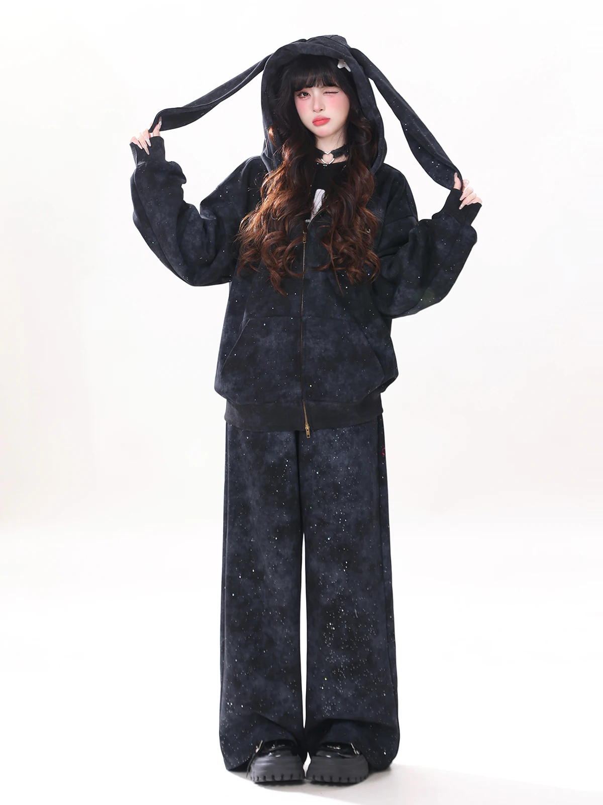 

ENJOG Rabbit Ear Hoodie Set Women's Loose Casual Two-Piece Spring Fashion Outfit Long Sleeve High Waist Wide Leg Pants