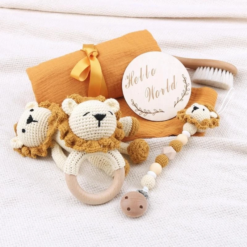 J15U 7Pcs Baby Pacifier Chain Crochet-doll Raffle-Bell Pacifier Clip Teething Circle Set with Baby Blanket & Drooling Bib
