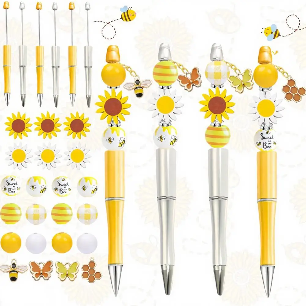 Sunflower Bee Beaded Ballpoint Pen Set, DIY Easy Assemble Ballpoint Pen Kits, Smooth Writing Pen, For Students Craft Supplies