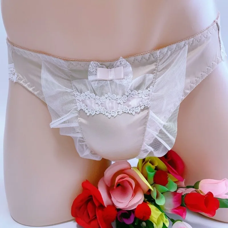 

Атласные трусики-мешочки в японском стиле Лолиты, мужские трусы, сексуальное нижнее белье с низкой посадкой, нижнее белье для геев, кроссдресс, кружевные трусы с рюшами