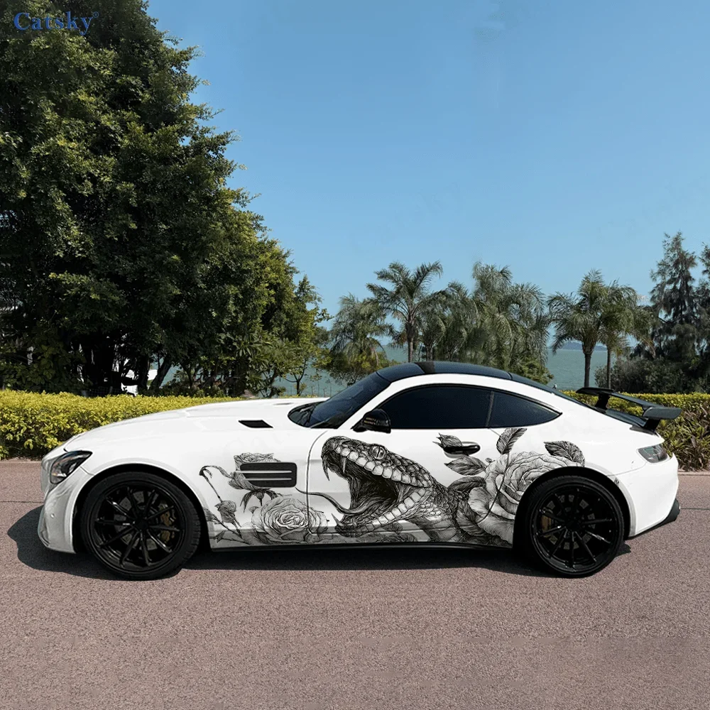 Snake Flowers Car Side Sticker PVC Self Waterproof Stick, Striking Auto Exterior Accessories Decor Protect Gift for Car Lover