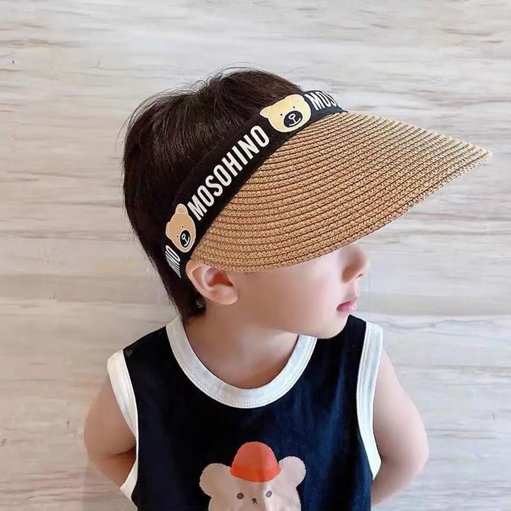 Summer Breathable Cute Bear Cartoon Children Sun Hat Empty Top Hat Girls Boys Wide Brim Fisherman Hat Visor Caps Beach Hat