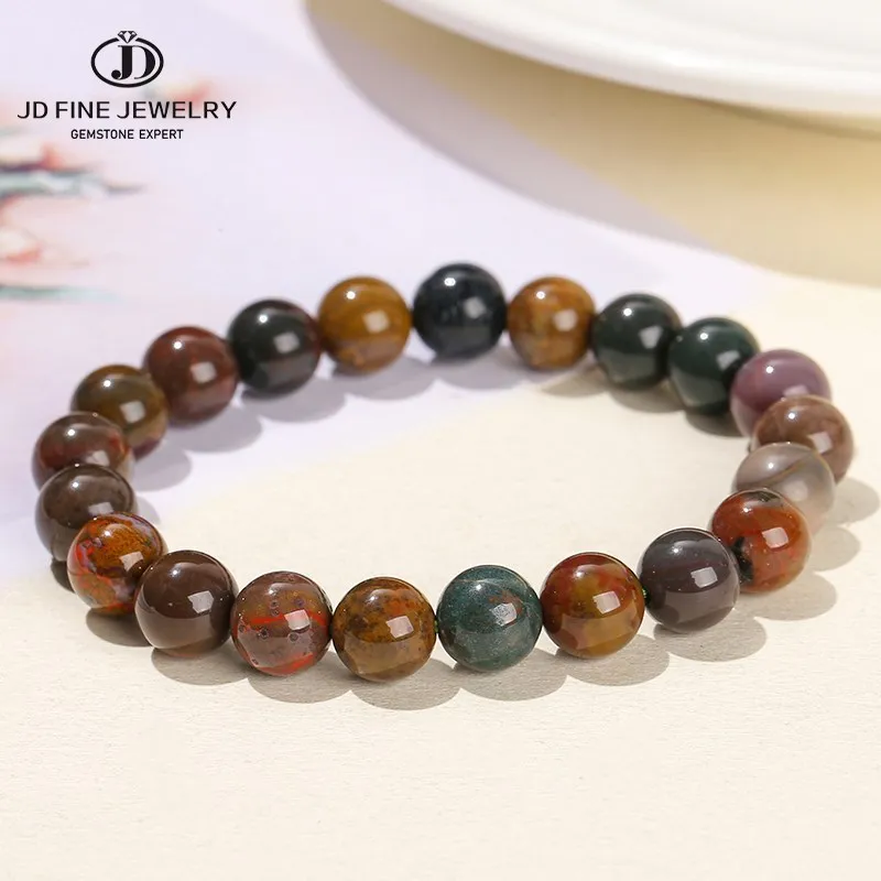 JD Natural Green Ocean Agate Jasper Bead Strand Bracelets Women Men Trendy Round Stone Elastic Bangles Yoga Balance Jewelry Gift